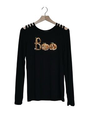 POOF New York Women's M Black Sequin BOO Long Sleeve T-Shirt NEW